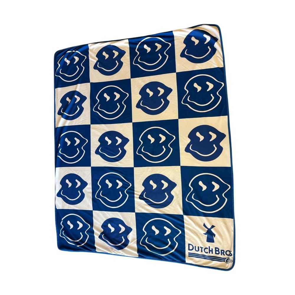 Dutch Bros Smiley Face Blanket 45x60 Blue White Squares Melting Face Soft Dorm